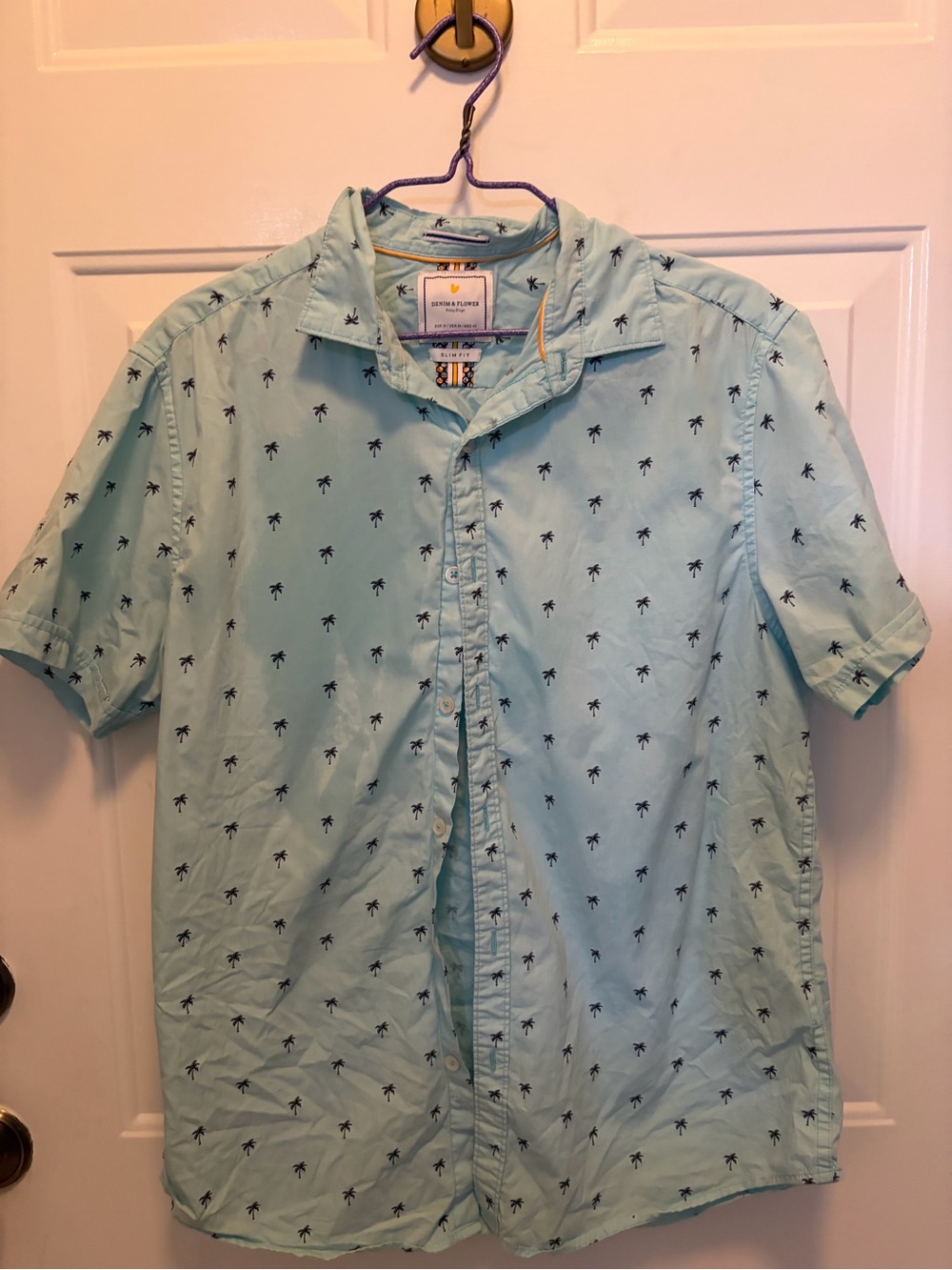 Denim & Flower Light Blue Short-Sleeve Palm Print Button-Up Shirt